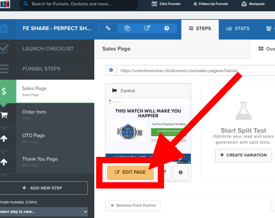 ClickFunnels edit page button